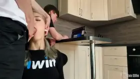 Servicing another man while her boyfriend is on the computer (Eva Elfie)