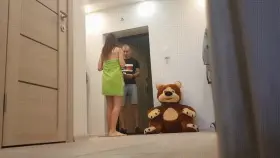 Delivery man and fallen towel.