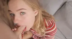 Charming blue eyed blonde gives deepthroat blowjob POV
