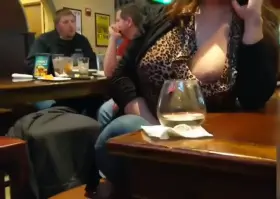 Busty MILF flashing and bartender moves glass for better view