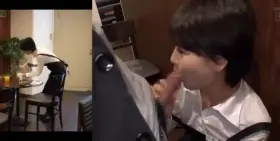 Ai Mukai, Perv spying on barista, holdthemoan fuck in back area, then cuts loose w/ nice bod vs 2 guys