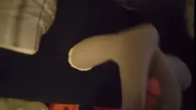 Sockjob from g[f] in leggings leads to cum all over her grey knee high socks