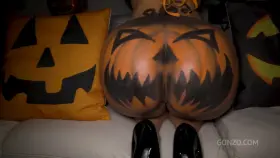 (Gonzo Halloween 2021) Kristy Black drinks piss & shows off her big round pumpkin cheeks then gets drilled deep by 4 hung studs