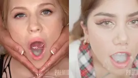 Two girls kneel before you on their knees with open mouths full of cum, which would you feed?