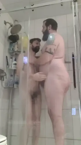 (40s) Showering with my boy, who can't get enough of my cock