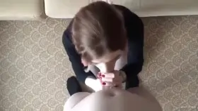 Sexy girl gets on knees, sucks hard cock, and gets cum in her mouth