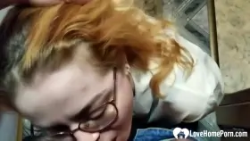 Chubby Russian nerdy redhead loves munching on shaft