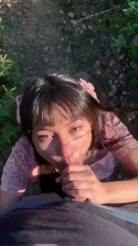 Cute little Asian Girl Plays with Daddy's Dick in the Park