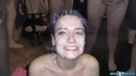 Gorgeous Annabel Lee gets splattered in her debut bukkake party with us