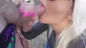 Blond girl cum on tongue