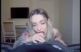 Hot Babe with Red Lips makes Sensual Blowjob