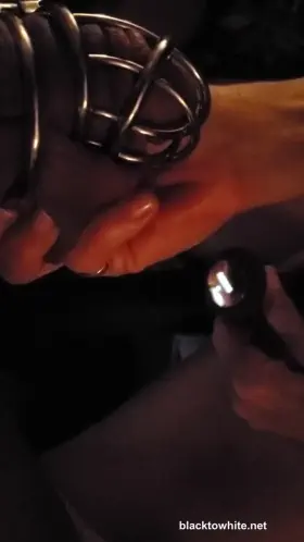 wife plays dildo while hubby in cage