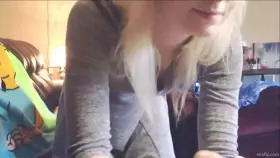 Sweet blonde wearing dress gentle sucks cock in POV