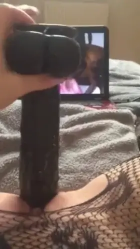 Squirting on my BBC dildo watching interracial porn 🖤🖤