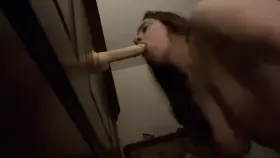 Wife practicing for her future spit roast by sucking a dildo while she rides me