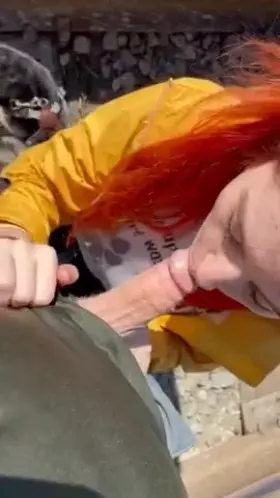Sucking a big cock on the railroad tracks! He filled my mouth with so much cum
