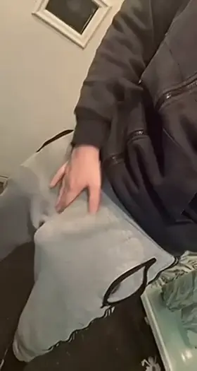 Grey sweatpants, no underwear, eyes on dick