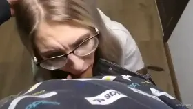 Cute blonde in glasses gives deepthroat blowjob in POV