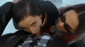 Outdoor Threesome In The Snow - Two Hot Girls Warm Cock