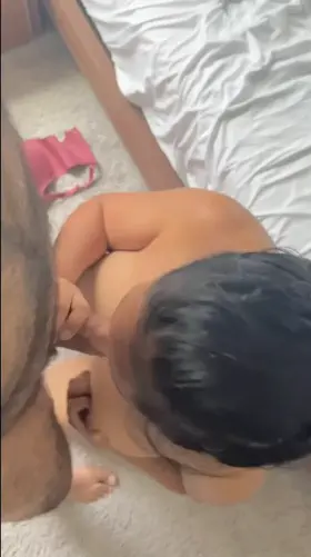 desi wife on her knees playing with her big tits while she sucking it deep